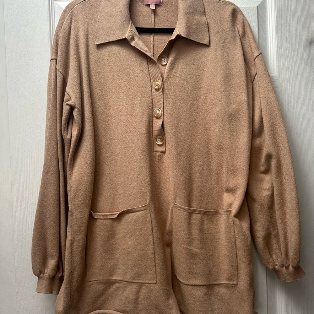Tan Button-Up Sweater with Pockets